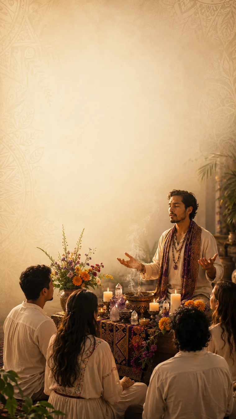 Ceremonia junto a un altar con veladoras, cuarzos, flores y humo de copal; una persona con rebozo morado dirige a un grupo sentado alrededor.
