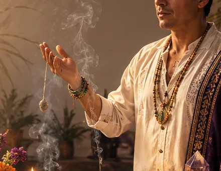Una mano sostiene un péndulo sobre el humo del copal.